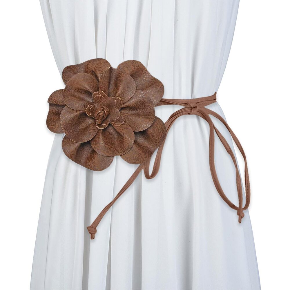 2849 Women Boho Pu Leather Big Flower Waist Belt Dresses Tie Bow